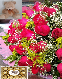 Trio Encanto - Bouquet 24 rosas + Ferrero Rocher 12 unidades + Urso de Pelúcia M
